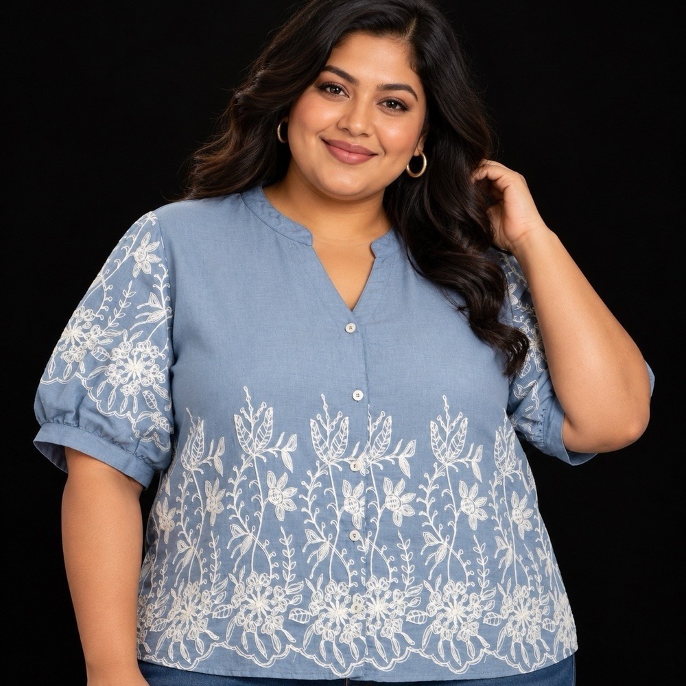 Ana & Rose Blue Floral Peasant Top Women's 2X Plus Boho Chic Coquette Romantic